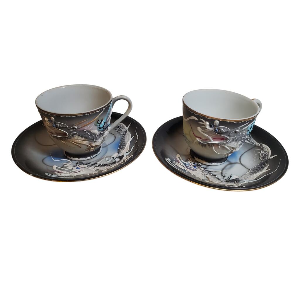 Moriage Raised Dragon Are Demitasse Cup & Saucer Japan 2 Cups 2 Saucers